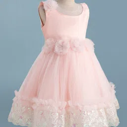 Blabber Sleeveless Floral Applique Detailed & Embroidered Knee Length Dress - Peach image 2