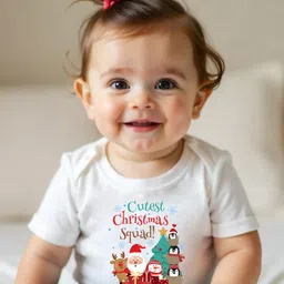 KNITROOT Christmas Theme Half Sleeves Cutest Christmas Squad Text Printed Tee - White image 4