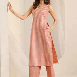 Libas Striped V-Neck Straight Kurta & Palazzos With Dupatta image 3
