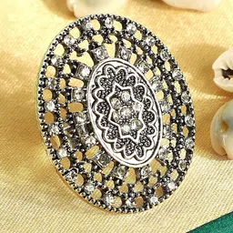 ANIKAS CREATION Silver-Plated Oxidised Stone-Studded Handcrafted Adjustable Finger Ring image 1