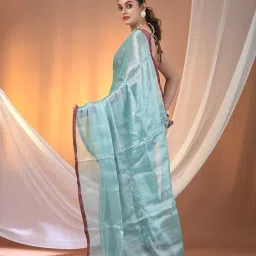 CHARUKRITI Aqua Blue Blended Solid Saree With Unstitched Blouse image 2