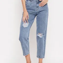 MADAME Light Blue Distressed Slim Fit Mid Rise Jeans-image-20