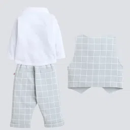 Bumzee Kids Grey & White Checks Full Sleeves Shirt, Waistcoat, Pants with Bow image 2