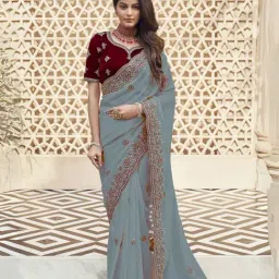 Odette Teal Georgette Embroidered Saree With Unstitched Blouse-picture-12