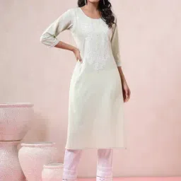 Juniper Sage Green Embroidered Pure Cotton Calf Length Straight Kurta-image-98