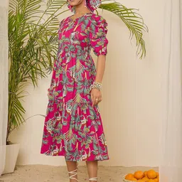 WineRed Printed Puff Sleeve Fit & Flare Midi Dress image 3