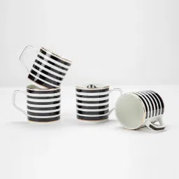 Golden Queens Black & White Ceramic Abstract Monochrome Stripes Tea Cups - Set of 6 (200 ml) image 2