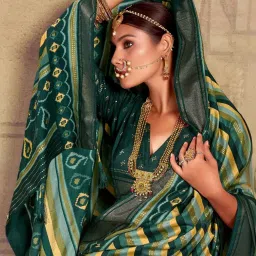 Satrani Green Silk Printed Saree With Unstitched Blouse image 2