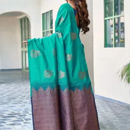 Satrani Teal Green Silk Woven Saree With Unstitched Blouse image 2