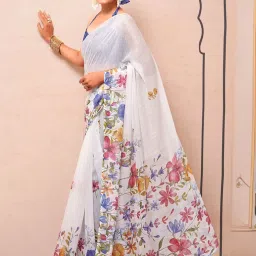 Satrani White Floral Print Saree With Unstitched Blouse image 2