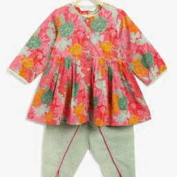 Campana Girls Pink and Pista Green Cotton Flared Fit Dhoti Set-picture-44