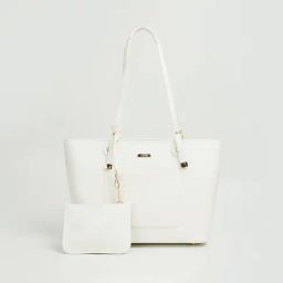 Code by Lifestyle White Textured Tote Handbag with Pouch-picture-20