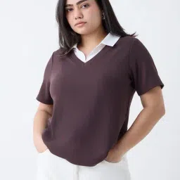 Gia by Westside Dark Brown Ribbed-Textured T-Shirt-image-72