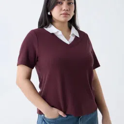 Gia by Westside Burgundy Ribbed-Textured T-Shirt-image-50