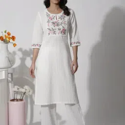 W White Cotton Embroidered Straight Kurta-picture-34