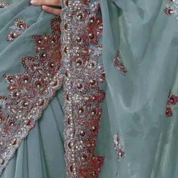 Odette Dusty Teal Georgette Embellished Saree With Unstitched Blouse image 4