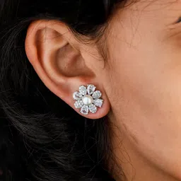 Peprika Silver Plated Cubic Zirconia Floral Studs image 2