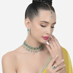 Zaveri Pearls Turquoise Stones Beads Kundan Necklace Earring Maangtikka & Ring Set-ZPFK15451-picture-10