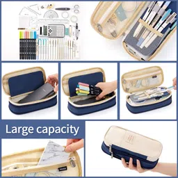 EASTHILL Canvas Big Capacity Pencil Pen Case Office College School Large Storage High Capacity Bag Pouch Holder Box Organizer (Blue) image 4