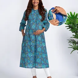 Bella Mama Three Fouth Sleeves Maternity Kurta Floral Print - Blue-picture-11