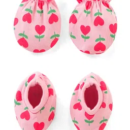 Babyhug 100% Cotton Knit Floral Printed Mittens & Booties Set - Pink-image-23