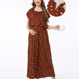 Bella Mama 100% Cotton Knit Half Sleeves Concealed Zipper Nursing Nighty Floral Print - Chocolate Brown-picture-28