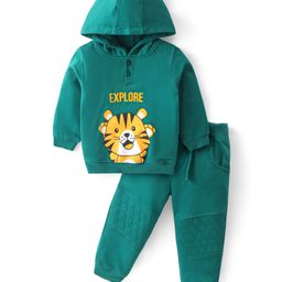 Babyhug Cotton Knit Full Sleeves Hooded T-Shirt & Lounge Pants Set With Tiger Print - Teal Blue-image-86