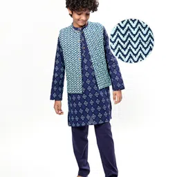Pine Kids Cotton Woven Full Sleeves Kurta Pyjama Set with Chevron Print Jacket - Blue-picture-28