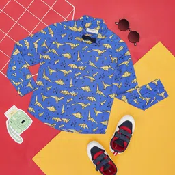 Pantaloons Junior Cotton Full Sleeves Origami Dinosaurs Printed Shirt With Bow - Blue-picture-14