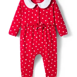 Babyhug Cotton Knit Full Sleeves Footed Sleep Suit with Heart Print & Bow Applique - Red-image-35