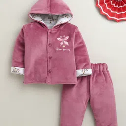 BUMZEE Cotton Blend Knit Full Sleeves Butterfly Embroidered Hooded Shirt & Pants Set - Mauve-picture-36