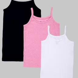 Kiddopanti Cotton Knit Pack Of 3 Sleeveless Solid Camisoles - Pink Melange & Black & White-picture-25
