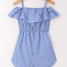 Kookie Kids Cold Shoulder Sleeves Striped  Jumpsuit with Bow Applique - Blue image 2