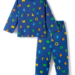 Babyhug Cotton Knit Full Sleeves Co-ords Night Suit With Alphabets Print - Navy Blue image 2