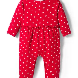 Babyhug Cotton Knit Full Sleeves Footed Sleep Suit with Heart Print & Bow Applique - Red image 2