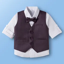 Mark & Mia Cotton Woven Full Sleeves Solid 3 Piece Party Suit With Bow - Wine & White image 2