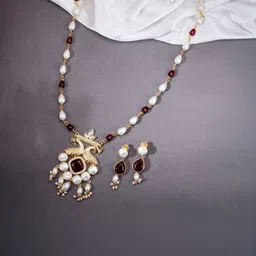 Opal Touch Gold-Plated Cubic Zirconia Studded & Artificial Beaded Necklace With Earrings-picture-20
