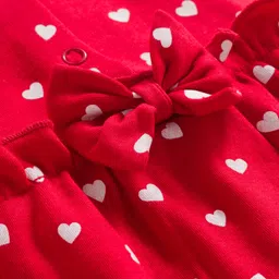 Babyhug Cotton Knit Full Sleeves Footed Sleep Suit with Heart Print & Bow Applique - Red image 3