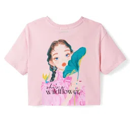 UCB 100% Cotton Knit Half Sleeves Crop T-Shirt with Front & Back Girl Print - Light Pink image 3