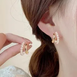 Estailo fashion Gold Plated Artificial Beaded Contemporary Half Hoop Earrings-image-74