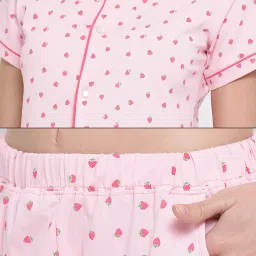 Clovia Cotton Base Strawberry Print Shirt & Pyjama Set - Pink image 5