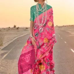 Elora Pink Floral Print Saree With Unstitched Blouse-image-1