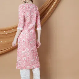 Melange By Lifestyle Pink Cotton Regular Fit Floral Print Kurta image 2