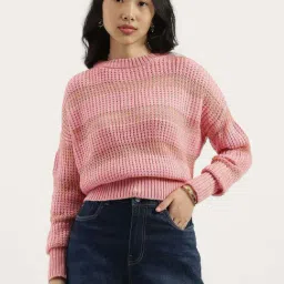United Colors Of Benetton Pink Regular Fit Striped Sweater-image-89