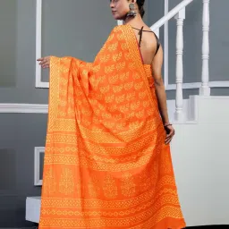 Unnati Silks Orange Cotton Printed Saree With Unstitched Blouse image 2