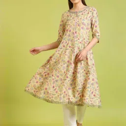 W for Woman Light Yellow Floral Printed Pure Cotton Flared Kurta and Pants Set-picture-18