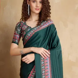Saree Mall Green Satin Self Saree with Blouse Piece image 2