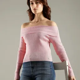 TOMMY HILFIGER Ballet Pink Slim Fit Viscose Off-Shoulder Neck Sweater image 5