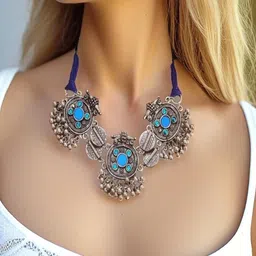Vientiq Silver-Plated Crystals Stone Studded & Boho Beaded Oxidised Choker Necklace-picture-41