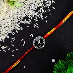 Arte jewels 925Silver-toned red and yellow thread rakhi, has om charm-picture-24